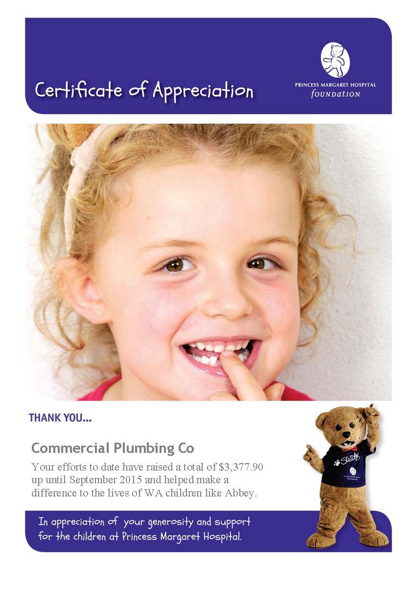 Certificate of thanks - Commercial Plumbing vSept 2015.2